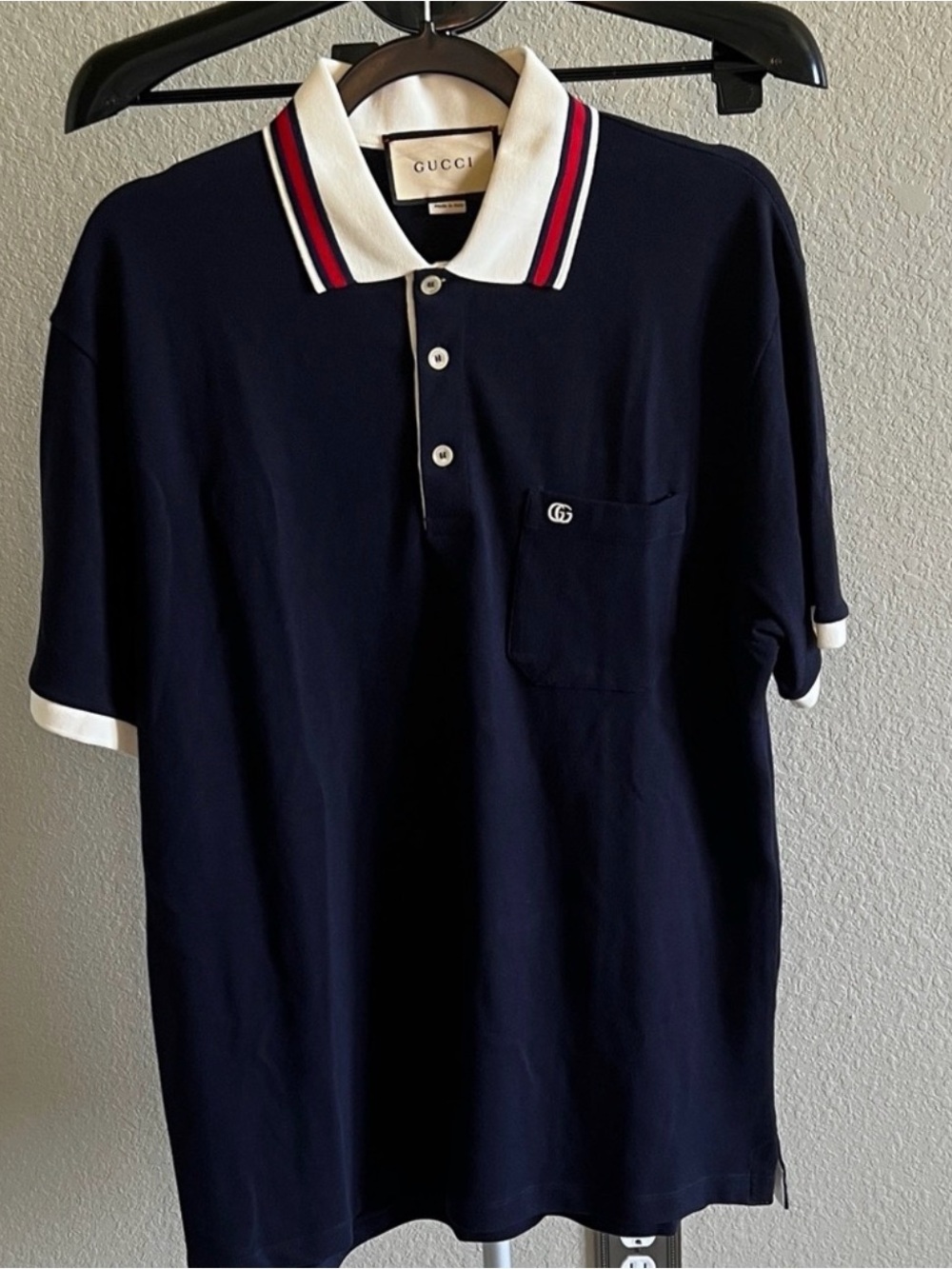 Gucci Navy Polo with White Collar and Red Stripe